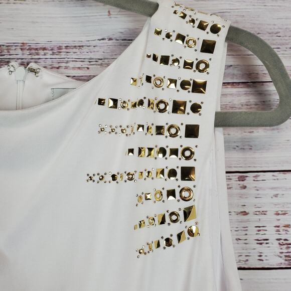 Cache White Ruched Shapely Mini Dress Size 12 Gold Geometric Studs Drape Fit NWT - Picture 9 of 14